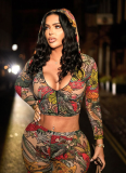 Hooded Zip-up Collar Cropped Printed Jacket and High-waisted Pencil Pants Suit