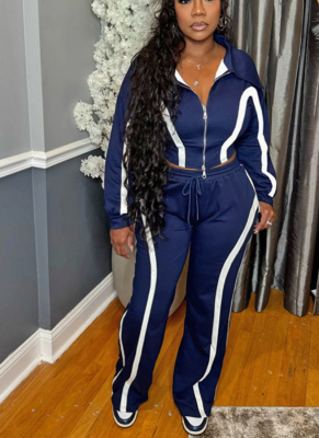 Color-blocked Collared Zip-up Cardigan Top and Wide-leg Drawstring Sweatpants Set