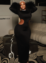 Sexy Round Neck Fur-trimmed Sleeves Cutout Waist Bodycon Dress