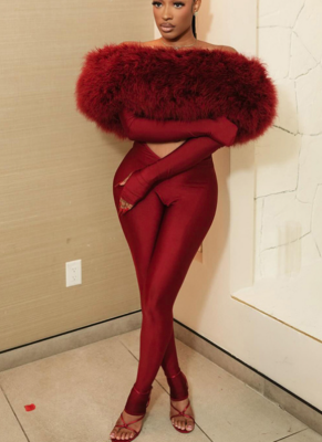 Sexy Off-the-shoulder Jumpsuit With Fur Trim and Cutout Details