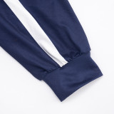 Color-blocked Collared Zip-up Cardigan Top and Wide-leg Drawstring Sweatpants Set