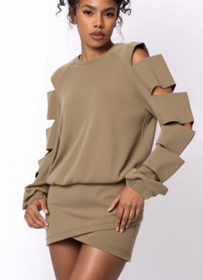 Pullover Round Neck Cut-off sleeves Hollow Sweatshirt Cross Hip Skirt Suit