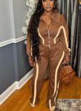 Color-blocked Collared Zip-up Cardigan Top and Wide-leg Drawstring Sweatpants Set