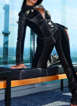 Casual Color-blocked Stretch PU Long-sleeved Pants Set