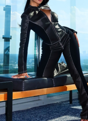 Casual Color-blocked Stretch PU Long-sleeved Pants Set