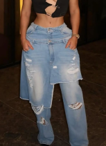 Casual Stretch Apron and Ripped Straight Leg Jeans