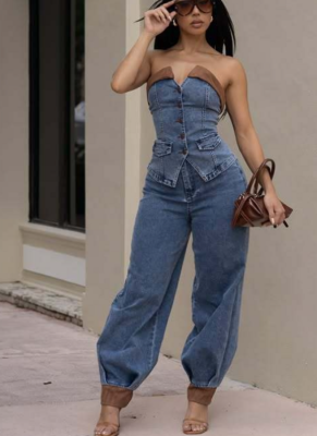 2025 Fashion Strapless Stretch Pants Denim Set