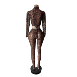 Stylish Leopard Print Mesh High-elastic Tie-front Slit Suit