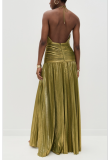 Sexy Sleeveless Backless Metallic Pleated Slit Halter Neck Dress