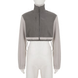 Sporty Stand-up Collar Drawstring Zipper Long-sleeved Cardigan Fleece Work Jacket
