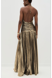 Sexy Sleeveless Backless Metallic Pleated Slit Halter Neck Dress