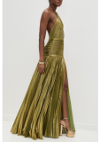 Sexy Sleeveless Backless Metallic Pleated Slit Halter Neck Dress