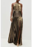 Sexy Sleeveless Backless Metallic Pleated Slit Halter Neck Dress