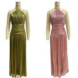 Sexy Sleeveless Backless Metallic Pleated Slit Halter Neck Dress