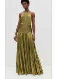 Sexy Sleeveless Backless Metallic Pleated Slit Halter Neck Dress