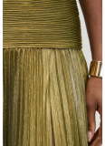 Sexy Sleeveless Backless Metallic Pleated Slit Halter Neck Dress