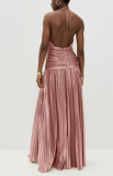 Sexy Sleeveless Backless Metallic Pleated Slit Halter Neck Dress