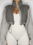 Sporty Stand-up Collar Drawstring Zipper Long-sleeved Cardigan Fleece Work Jacket