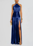 Sexy Sleeveless Backless Metallic Pleated Slit Halter Neck Dress