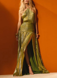 Sexy Sleeveless Backless Metallic Pleated Slit Halter Neck Dress