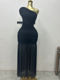 Solid Color Sleeveless Slanted Neckline Pleated Slim-fit Slit Long Dress