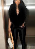 Elegant Feather Deep V Halter Neck Elastic Satin Jumpsuit