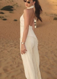 Asymmetrical Halter Top With Elastic Waist and Casual Pleated Pants Set