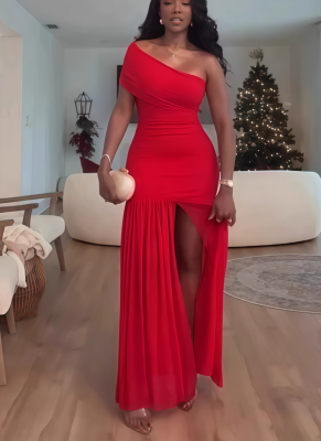 Solid Color Sleeveless Slanted Neckline Pleated Slim-fit Slit Long Dress