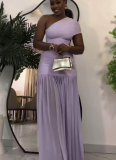 Solid Color Sleeveless Slanted Neckline Pleated Slim-fit Slit Long Dress