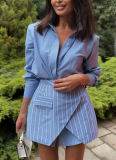 Fashionable Striped Collared Long-sleeved Shirt and Skirt Set