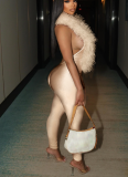 Elegant Feather Deep V Halter Neck Elastic Satin Jumpsuit