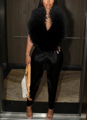 Elegant Feather Deep V Halter Neck Elastic Satin Jumpsuit