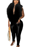 Elegant Feather Deep V Halter Neck Elastic Satin Jumpsuit