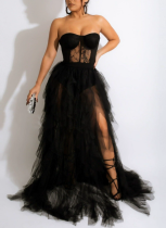 Sheer Mesh Yarn Lace Wrap Dress