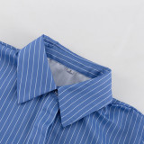 Fashionable Striped Collared Long-sleeved Shirt and Skirt Set