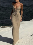 Sexy V-neck Halter-neck Backless Cutout Strappy Knit Bodycon Maxi Dress