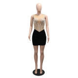 Sexy Rhinestone Mesh and Velvet Bodycon Mini Dress