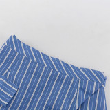 Fashionable Striped Collared Long-sleeved Shirt and Skirt Set