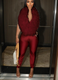 Elegant Feather Deep V Halter Neck Elastic Satin Jumpsuit