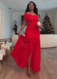 Solid Color Sleeveless Slanted Neckline Pleated Slim-fit Slit Long Dress