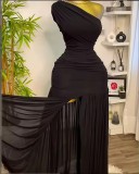Solid Color Sleeveless Slanted Neckline Pleated Slim-fit Slit Long Dress