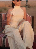 Asymmetrical Halter Top With Elastic Waist and Casual Pleated Pants Set