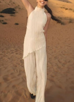 Asymmetrical Halter Top With Elastic Waist and Casual Pleated Pants Set