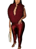 Elegant Feather Deep V Halter Neck Elastic Satin Jumpsuit