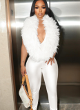 Elegant Feather Deep V Halter Neck Elastic Satin Jumpsuit