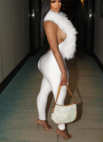Elegant Feather Deep V Halter Neck Elastic Satin Jumpsuit