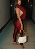 Elegant Feather Deep V Halter Neck Elastic Satin Jumpsuit