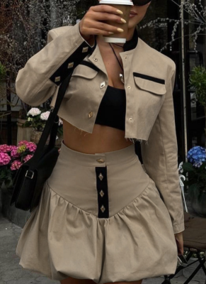 Stylish Stand Collar Long-Sleeved Top and High-Waisted Tulip Skirt Set