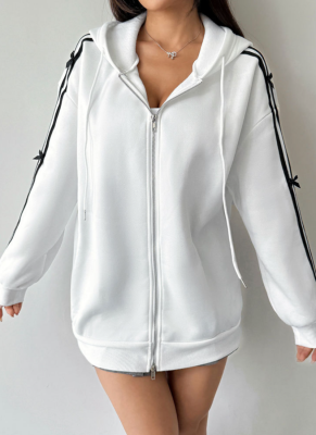 Casual Knitted Striped Cardigan Hooded Sweatshirt with Bow