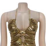 Sexy Halter Neck Gold Chain Pleated Bodycon Dress